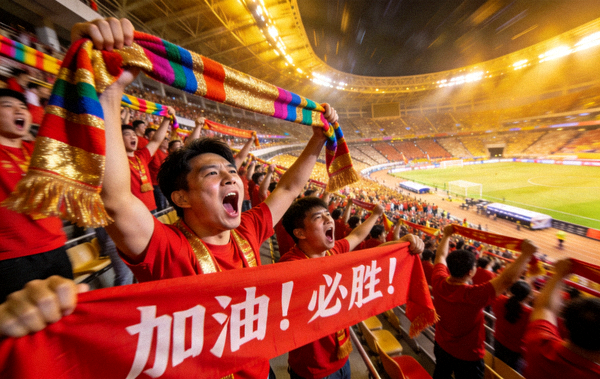 体育场内座无虚席，球迷高举围巾与横幅为球队呐喊助威